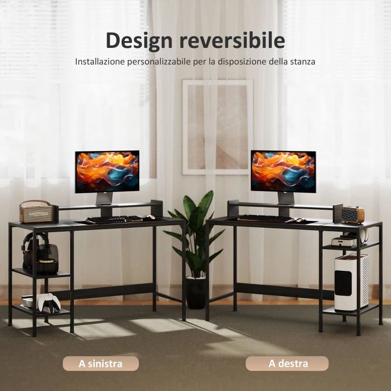 HOMCOM Scrivania PC con Supporto per Monitor e 2 Ripiani Regolabili, in Legno e Acciaio, 120x48x85.5 cm, Nero