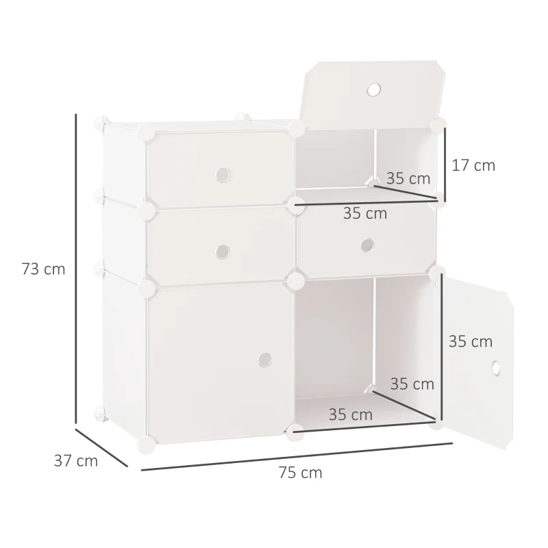 HOMCOM Armoire modulable étagère à rangement 3 Niveaux 6 cubes en Plastique + Autocollants décoratifs 75L x 37l x 73H cm Blanc