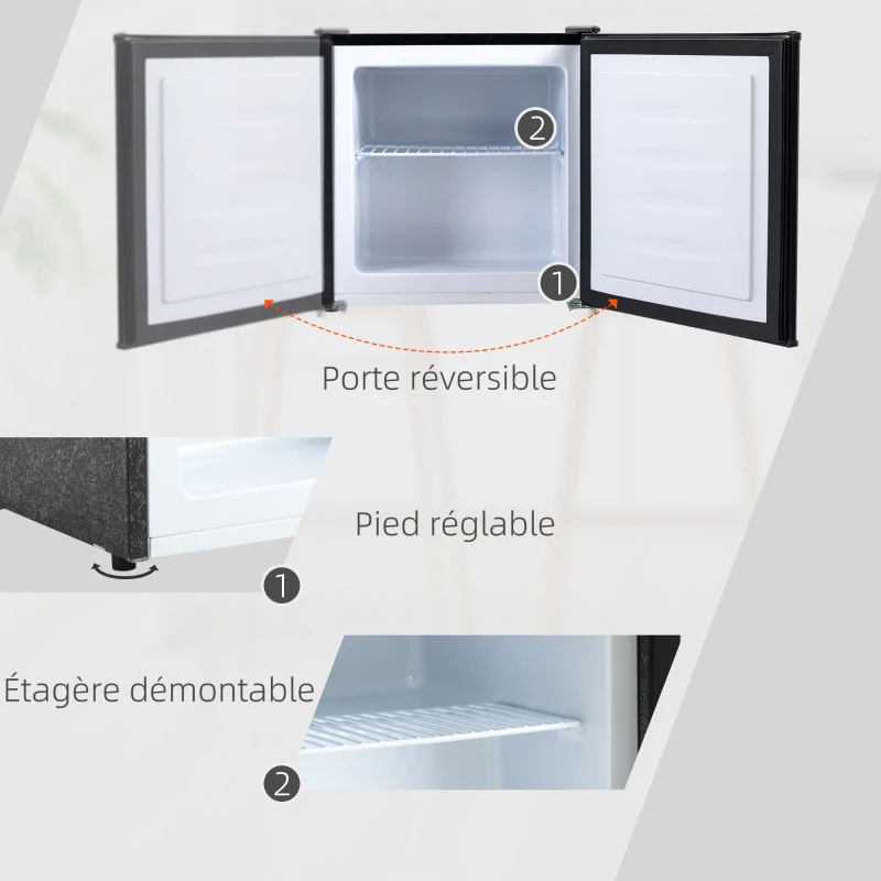 HOMCOM Mini congélateur Température Réglable de -14 à -24°C Compact 35L - étagère Amovible - Porte réversible Classe E - 47 x 44,2 x 48,8 cm - Noir