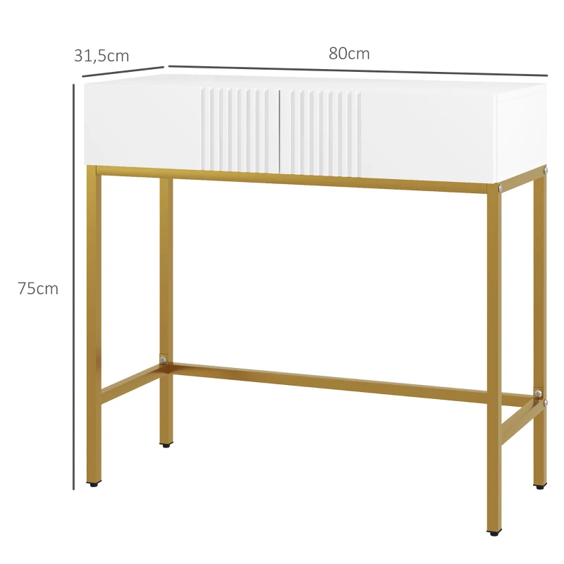 HOMCOM Table console console meuble avec 2 tiroirs base en acier avec pieds antidérapants 80 x 31,5 x 75 cm blanc