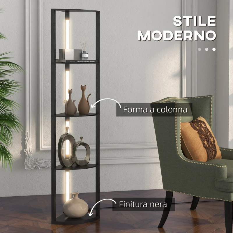 HOMCOM Lampada da Terra a Colonna in MDF con 4 Ripiani e Illuminazione a LED da 3000K, 41x29.5x163.5 cm, Nero