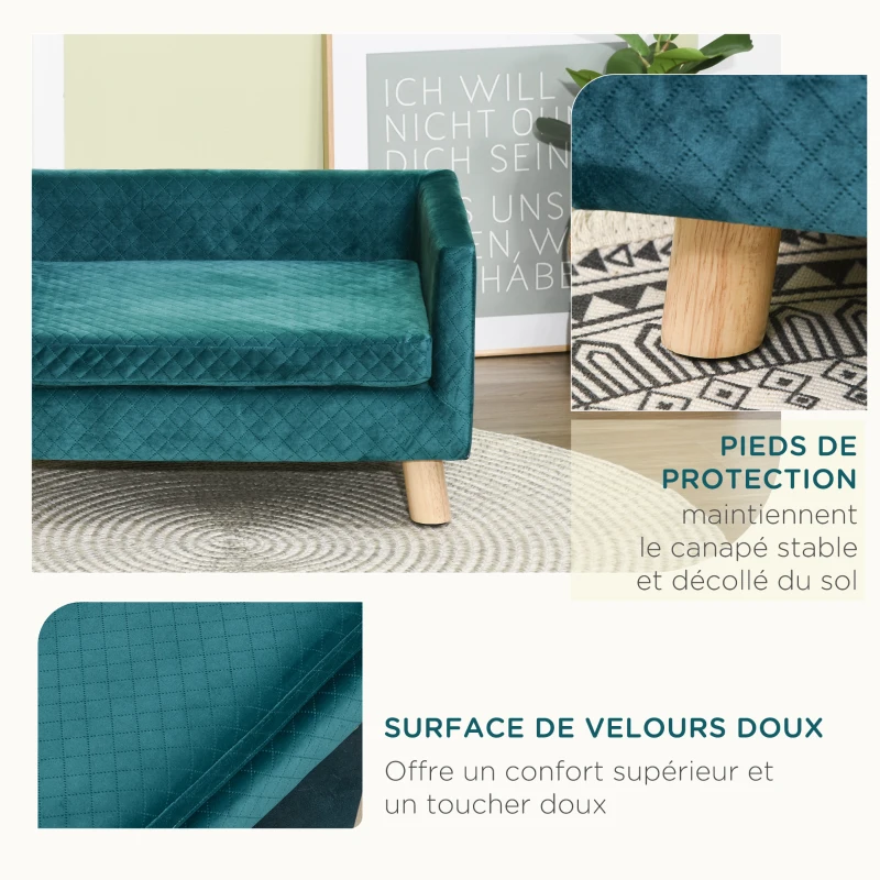 PawHut Canapé chien lit pour chien design scandinave coussin moelleux pieds bois massif dim. 64 x 45 x 36 cm velours bleu canard
