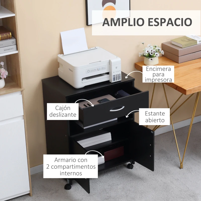 Vinsetto Armario para Impresora con Ruedas Cajón 2 Puertas y Estante para Salón Oficina Estudio 60x39x80 cm Negro
