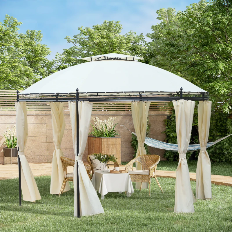 Outsunny Tonnelle pavillon de jardin rond dim. Ø 3,5L x 2,75H m double toit 6 rideaux latéraux polyester crème métal époxy noir