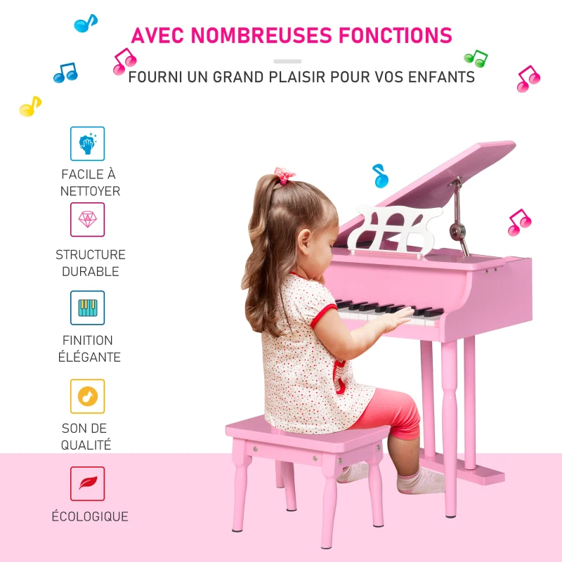 HOMCOM Piano à queue enfant en bois Piano enfant clavier de piano 30 touches - tabouret et pupitre inlus - Instrument de Musique - MDF rose