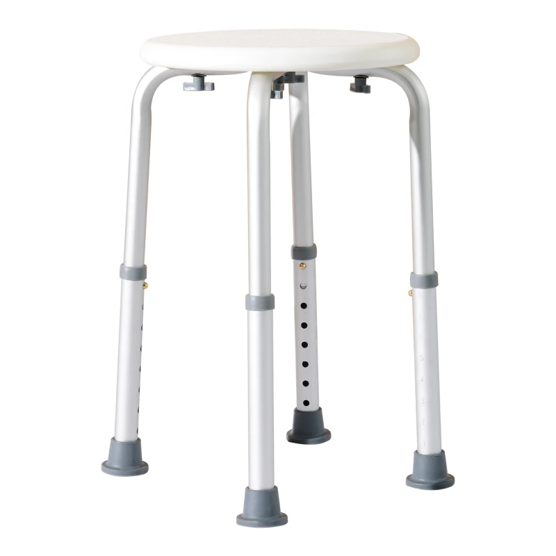HOMCOM Sgabello da Doccia per Anziani con Ausilio Rotondo, Sedia da Bagno per Disabili con Altezza Regolabile 8 Posizioni, Piedini Antiscivolo, in Alluminio e PE, Bianco