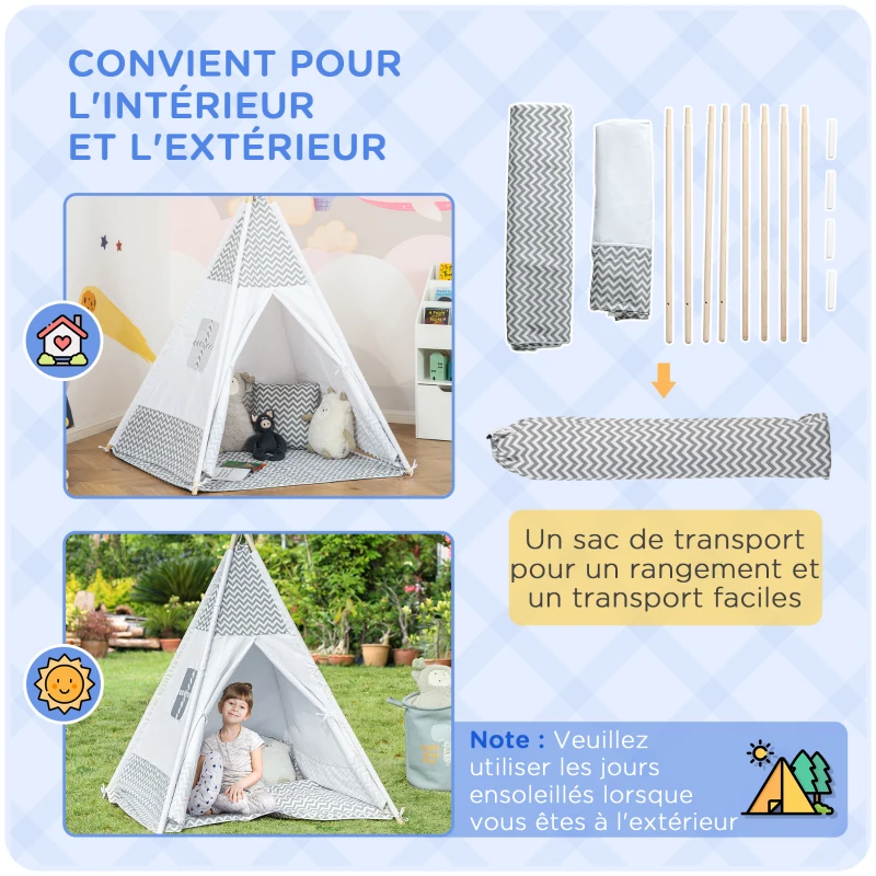 HOMCOM Tente Teepee Indien Tente de jeu pour Enfant Style Graphique - dim. 1,2L x 1,2I x 1,55H m - Porte refermable Fenêtre Tapis Coussin Sac Transport Inclus - à l'Intérieur à l'Extérieur Gris Blanc