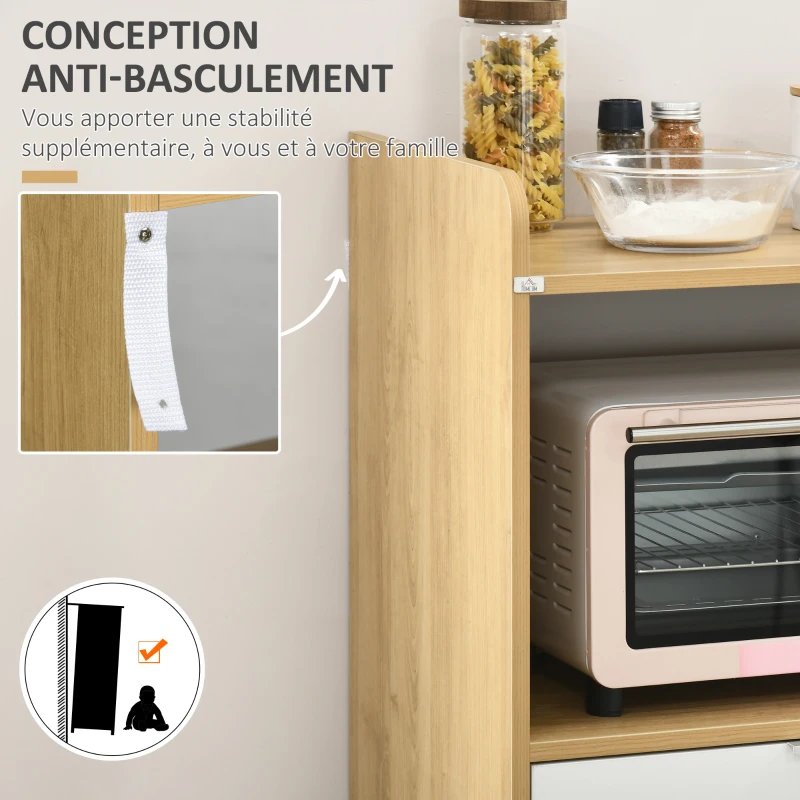 HOMCOM Meuble desserte de cuisine pour micro-ondes avec placard tiroir étagère réglable 58 x 40 x 118 cm naturel et blanc(m-7)