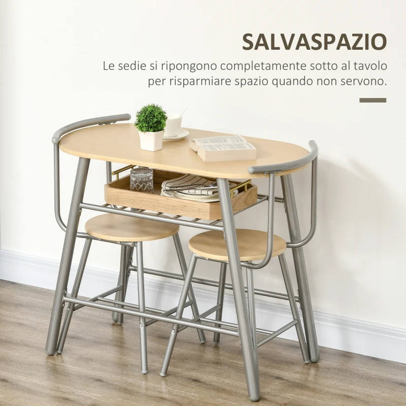 HOMCOM Set da Pranzo Salvaspazio da 3 Pezzi con Tavolo da Pranzo Ovale con Ripiano e 2 Sedie in MDF e Acciaio