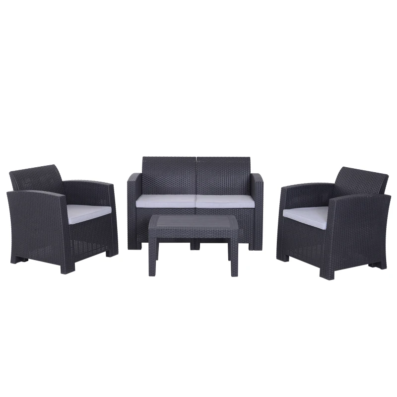 Outsunny Salon de Jardin 4 pers. 4 pièces Style Contemporain Coussins Grand Confort Inclus Polyester Gris Clair résine tressée Noir