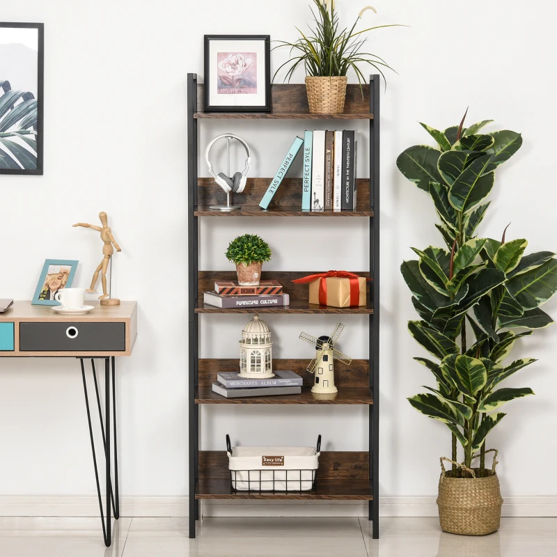 HOMCOM Étagère bibliothèque Design Contemporain 5 Niveaux dim. 64L x 30l x 158H cm Panneaux Particules Aspect Vieux Bois métal Noir