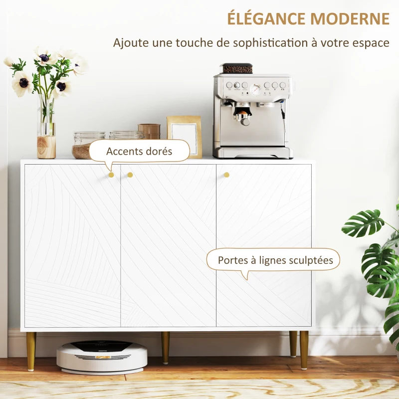 HOMCOM Buffet meuble de rangement avec 2 placard 3 portes étagères ajustables pieds dorés en acier 107 x 35 x 77 cm blanc