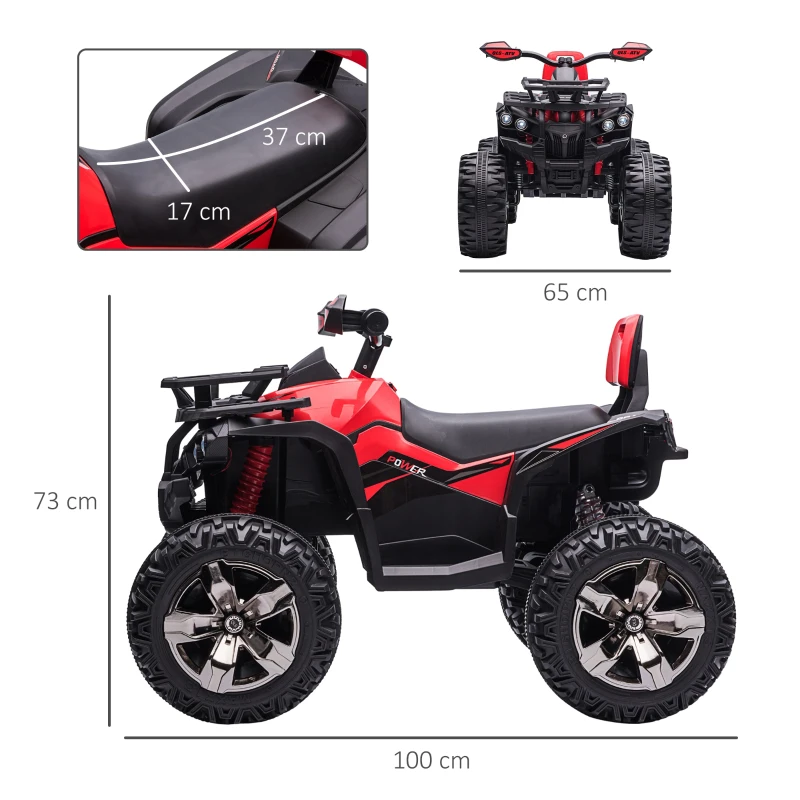 HOMCOM Quad Buggy électrique Enfant 12 V 8 Km/h Max. Voiture électrique Enfant avec Effets Lumineux sonores Selle avec Dossier Porte-Bagage Avant métal PP Rouge Noir(m-3)