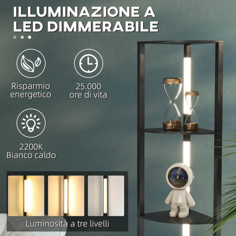HOMCOM Lampada da Terra a Colonna in MDF con 4 Ripiani e Illuminazione a LED da 3000K, 41x29.5x163.5 cm, Nero