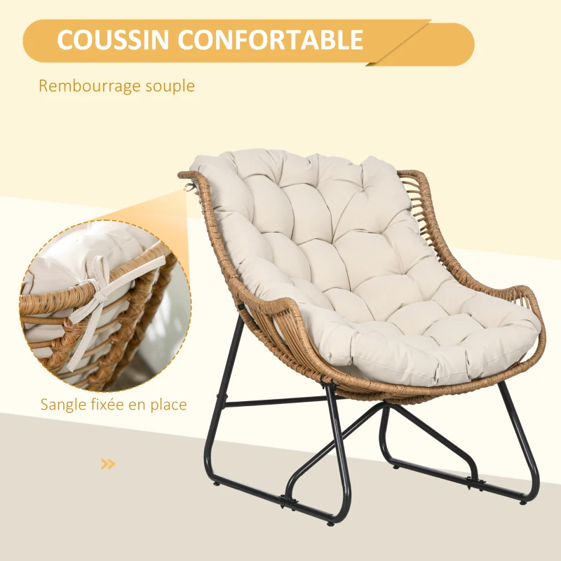 Outsunny Chaise de jardin chaise d'extérieur en rotin PE avec coussin dim. 75l x 101P x 90H cm naturel