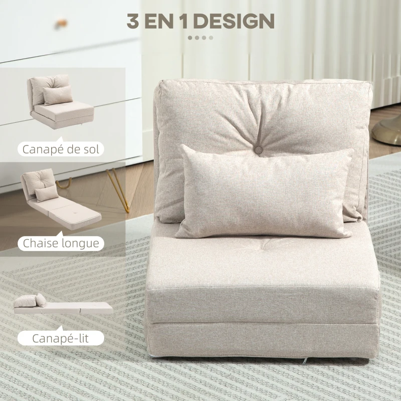HOMCOM Chauffeuse canapé-lit convertible fauteuil 1 place avec 1 coussin avec dossier réglable, beige