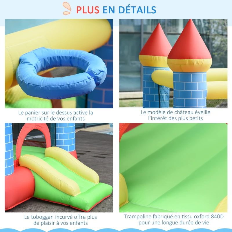Outsunny Château gonflable pour enfants avec trampoline toboggan, souffleur 350W et sac de transport inclus jusqu'à 3 enfants dim. 280L x 260l x 210H cm multicolore(m-7)