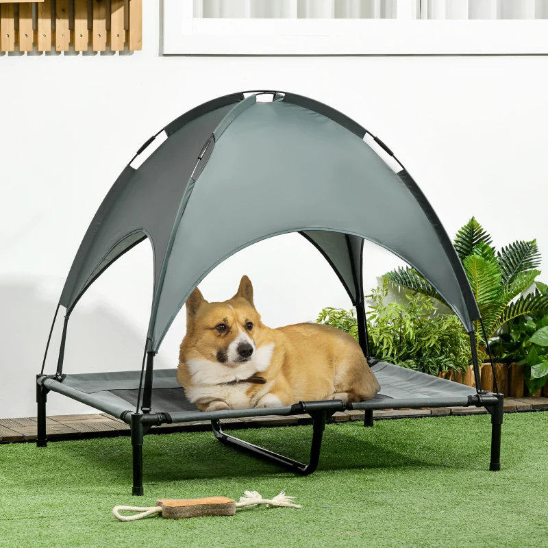 PawHut Cama Elevada para Mascotas Portátil con Toldo Extraíble Tela Transpirable al Aire Libre para Interior y Exterior 92x76x90 cm Gris
