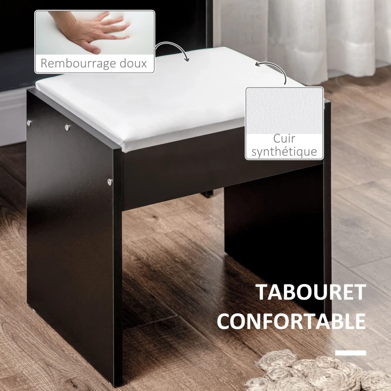 HOMCOM Ensemble de coiffeuse table de maquillage avec tabouret rembourré grand miroir + plusieurs étagères ouvertes + 4 tiroirs blanc noir