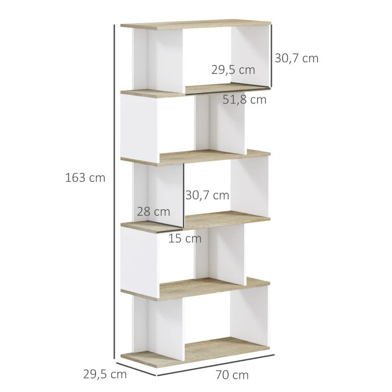 HOMCOM Estantería Estilo Nórdico Librería con 5 Estantes Antivuelco Carga 25 kg 70x29,5x163 cm Roble y Blanco
