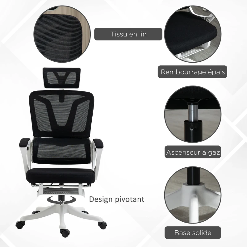 Vinsetto Fauteuil de bureau dossier réglable repose-pied appui-tête réglable soutien lombaire tissu en maille noir