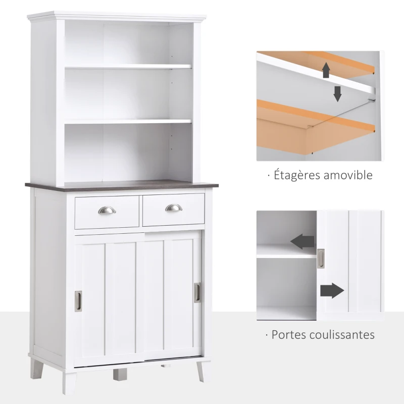 HOMCOM Buffet de cuisine armoire de cuisine multi-rangements 2 portes coulissantes 2 tiroirs 2 étagères + plateau blanc noir