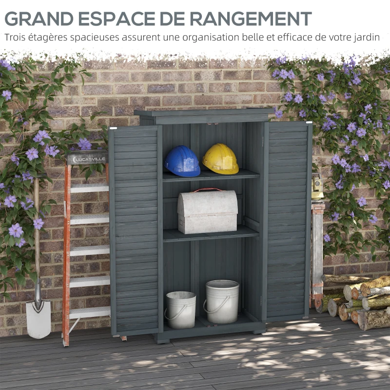 Outsunny Armoire de jardin remise pour outils en bois 2 étagères toit bitumé portes persiennes 87 x 47 x 160 gris