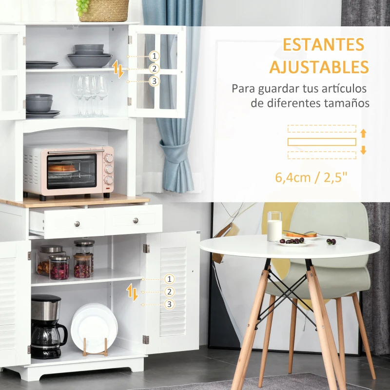 HOMCOM Armario de Cocina Aparador de Comedor con 2 Cajones Estantes Ajustables y Antivuelco 68x39,5x170 cm Blanco