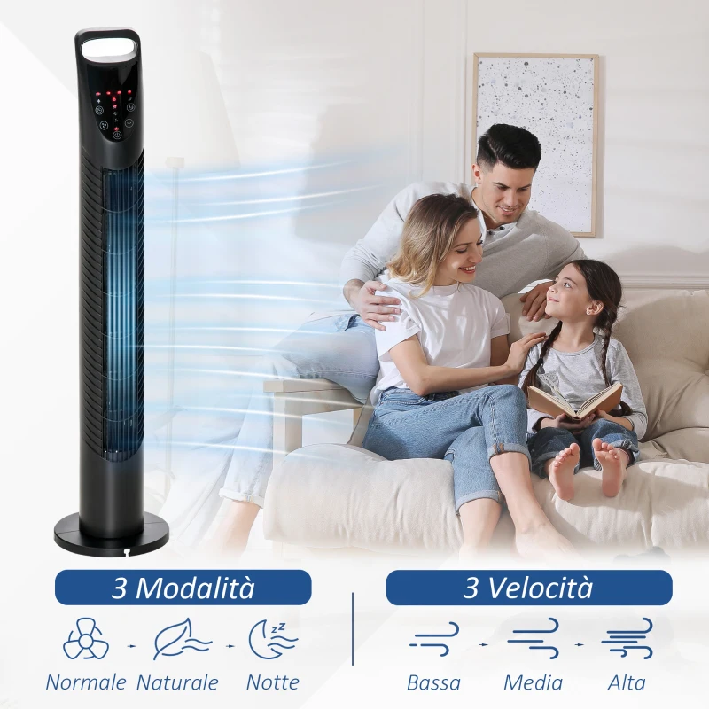 HOMCOM Ventilatore a Colonna con Telecomando fino a 5m, Oscillante 70° con 3 Modalità e 3 Velocità, Timer 7.5h, 40W Nero, Ф18x78.5cm
