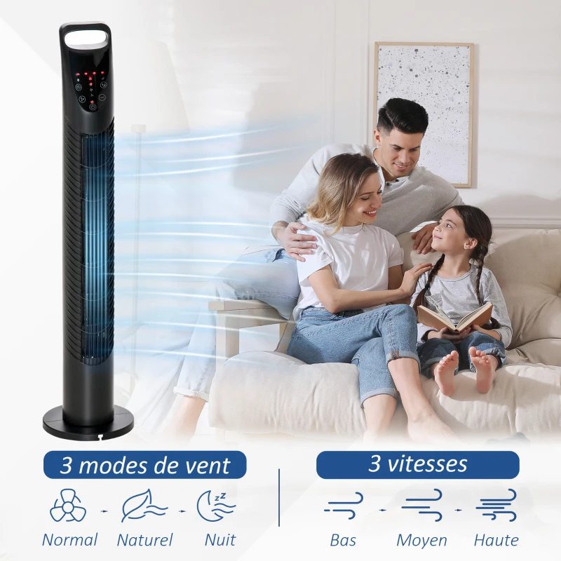 HOMCOM Ventilateur colonne silencieux 40 W 3 modes 3 vitesses, télécommande, oscillant 70°, minuterie et contrôle tactile