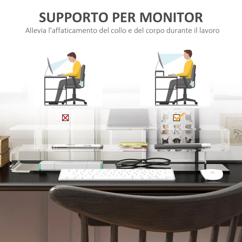 HOMCOM Supporto per Monitor PC in Acrilico con Scomparti Centrali, 57x19x11.5cm, Trasparente