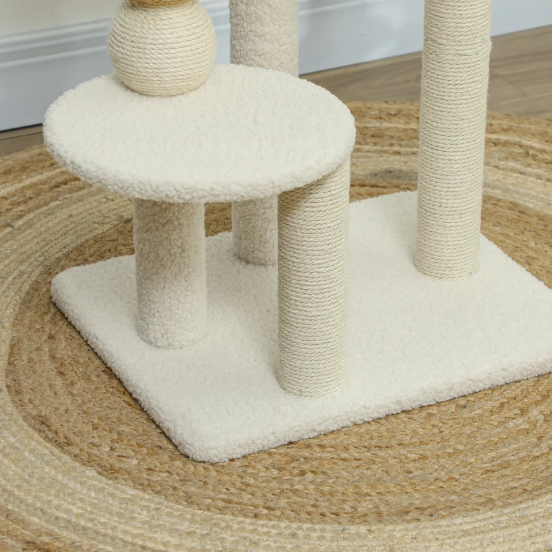 PawHut Torre per Gatti con Lettino, Piattaforma e Pallina Giocattolo, in Legno, Peluche e Iuta, 48.5x40x76 cm, Beige