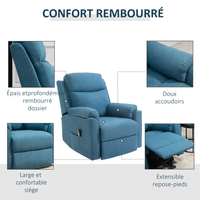 HOMCOM Fauteuil électrique releveur fauteuil relax avec repose-pieds dossier inclinable télécommande poche latérale bleu(m-6)