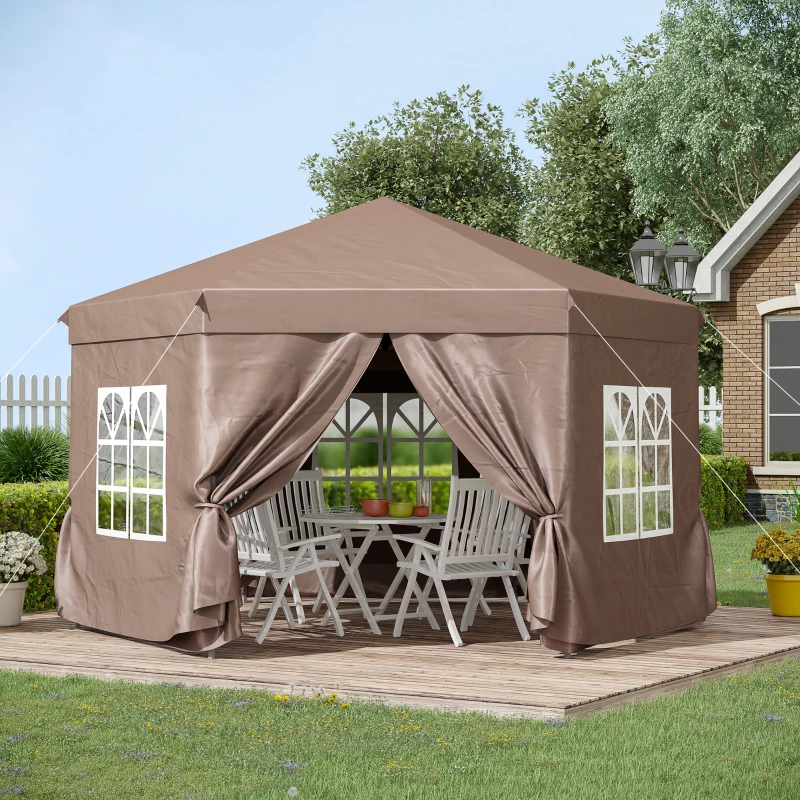 Outsunny 4x4m Hexagonal Pop up Gazebo, Garden Marquee Party Tent Wedding Canopy, Height Adjustable, with Storage Bag - Brown