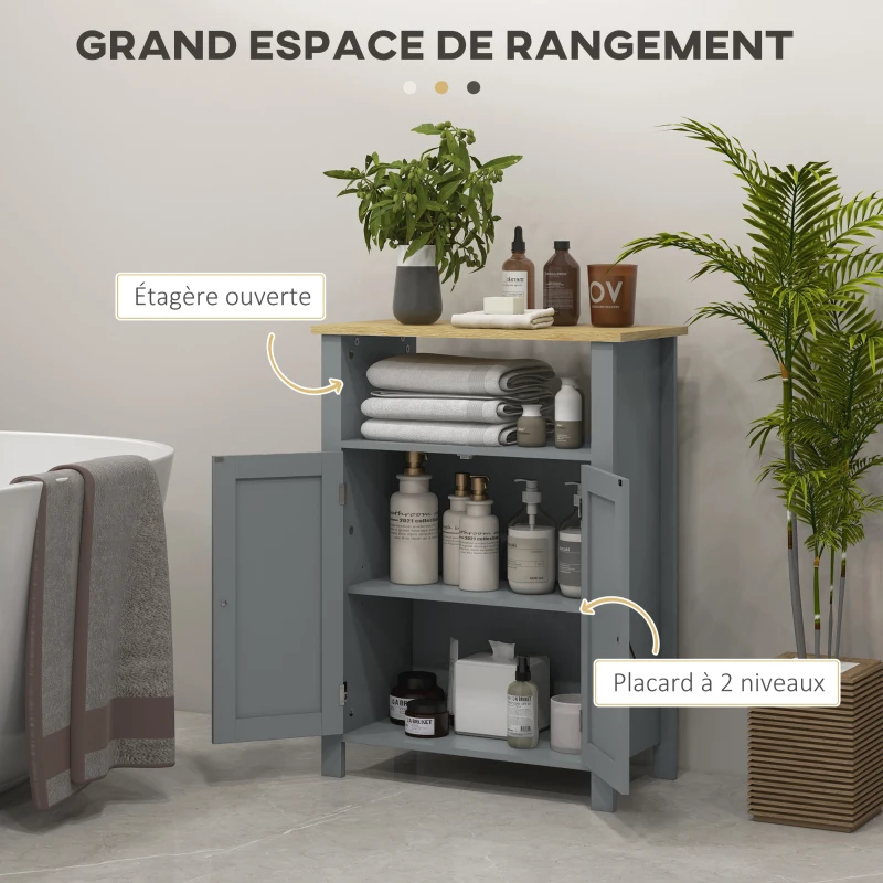kleankin Meuble bas de salle de bain multi-rangements grande niche placard double porte gris et naturel