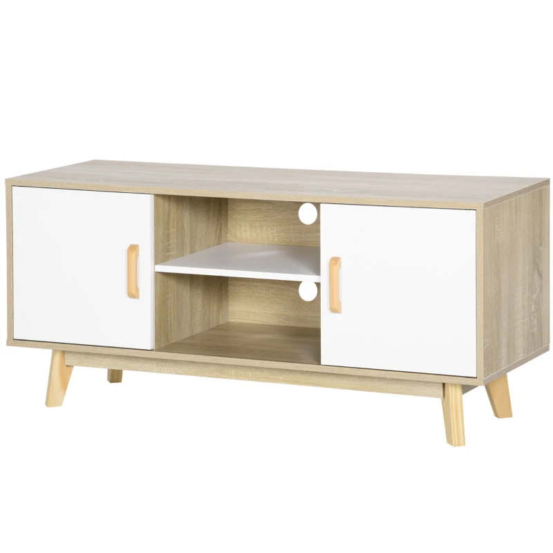 HOMCOM Meuble TV Banc TV scandinave 2 niches et 2 rangements avec Portes - dim. 120I x 40P x 55H cm - Bois Blanc Chêne