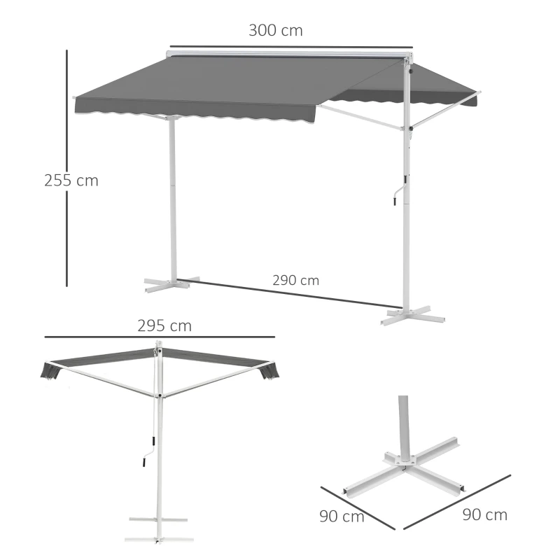 Outsunny Store Double Pente 3 x 3 m Manuel rétractable Inclinaison réglable Acier époxy Blanc Polyester imperméabilisé Anti-UV Gris