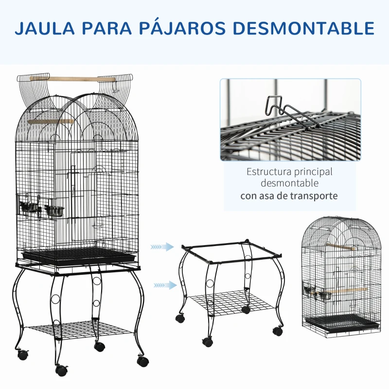 PawHut Jaula para Pájaros con Soporte y Ruedas Jaula de Acero con Bandeja Extraíble y 2 Comederos 51x51x153 cm Negro
