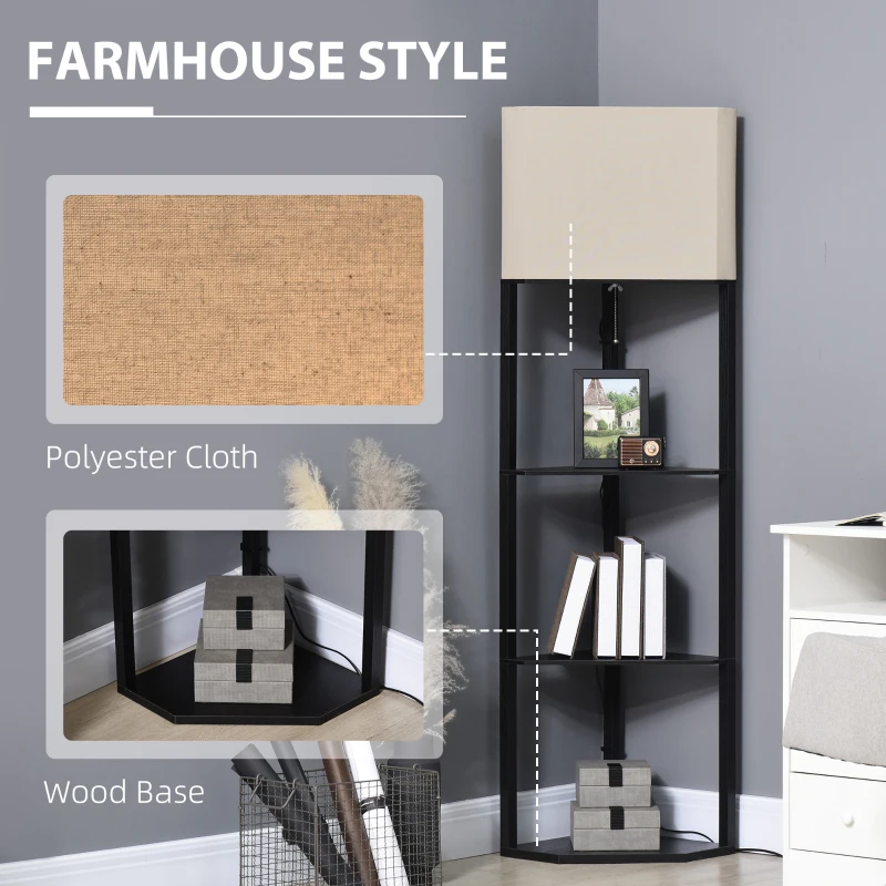 HOMCOM Corner Floor Lamp with Shelves, Modern Tall Standing Lamp with Chain Switch for Living Room, Bedroom, Bulb Not Included, Black