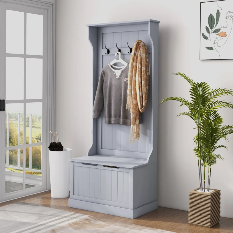 HOMCOM Mobile Appendiabiti 3 in 1 con 4 Ganci e Panca Contenitore, in Legno, 71.5x39.5x170 cm, Grigio