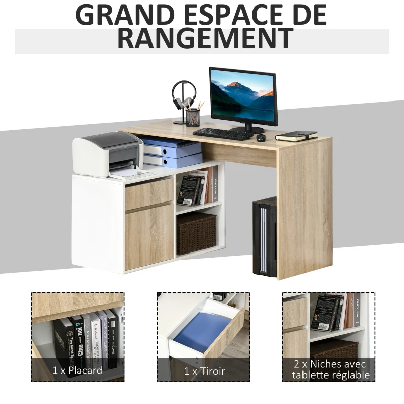 HOMCOM Bureau d'angle Bureau Informatique multimédia Multi-Rangement Panneaux Particules Aspect chêne Clair Blanc