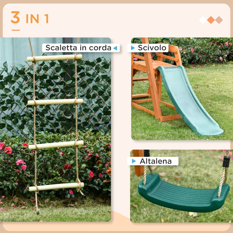 Outsunny Set con Scivolo, Altalena da Giardino e Scaletta a Corda in Legno per Bambini Età 3-8 Anni