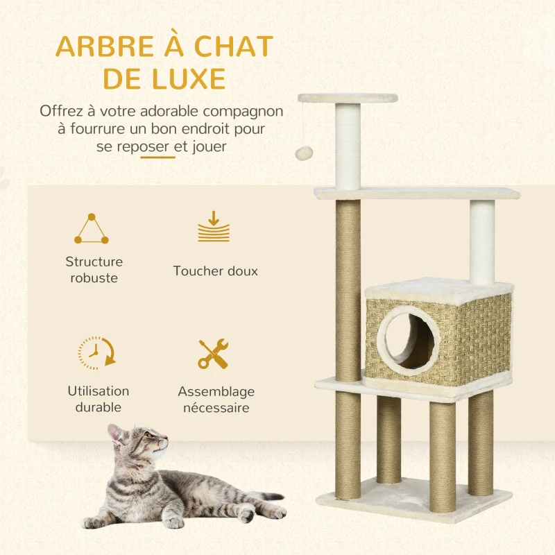 PawHut Arbre à chat griffoirs sisal naturel niche plateformes jeux boule suspendue peluche courte hauteur 128 cm beige