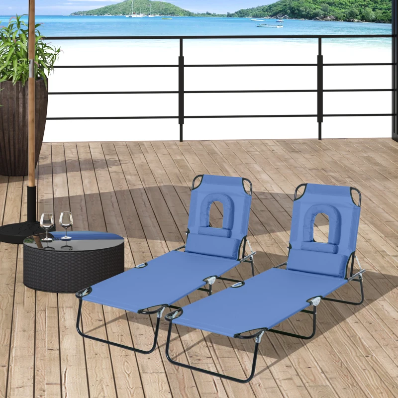 Outsunny Lot de 2 Bains de Soleil Pliable transat inclinable 4 Positions Chaise Longue de Lecture 3 Coussins fournis Bleu