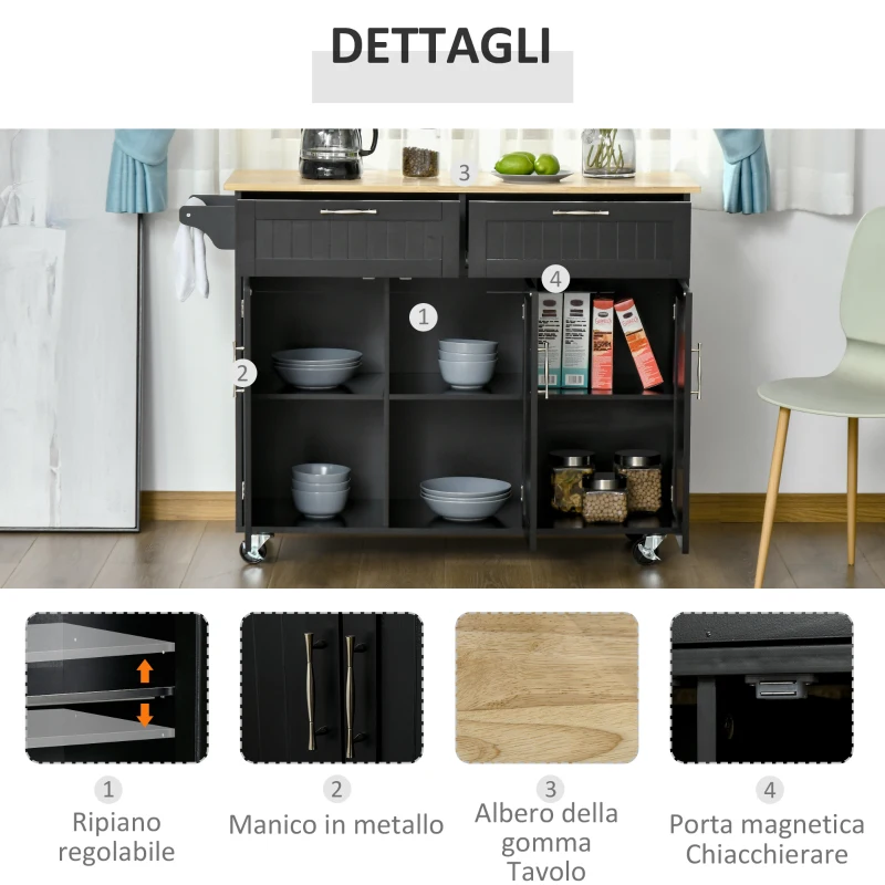 HOMCOM Carrello da Cucina in Legno con 2 Cassetti, Armadietto 3 Ante e 4 Ruote, 121x46x91cm, Nero