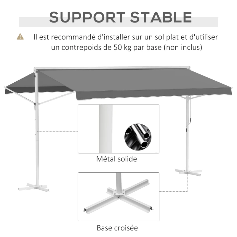 Outsunny Store Double Pente Manuel rétractable Inclinaison réglable Acier époxy Blanc Polyester imperméabilisé Anti-UV Gris dim. 4,50L x 3,40l x 2,55H m