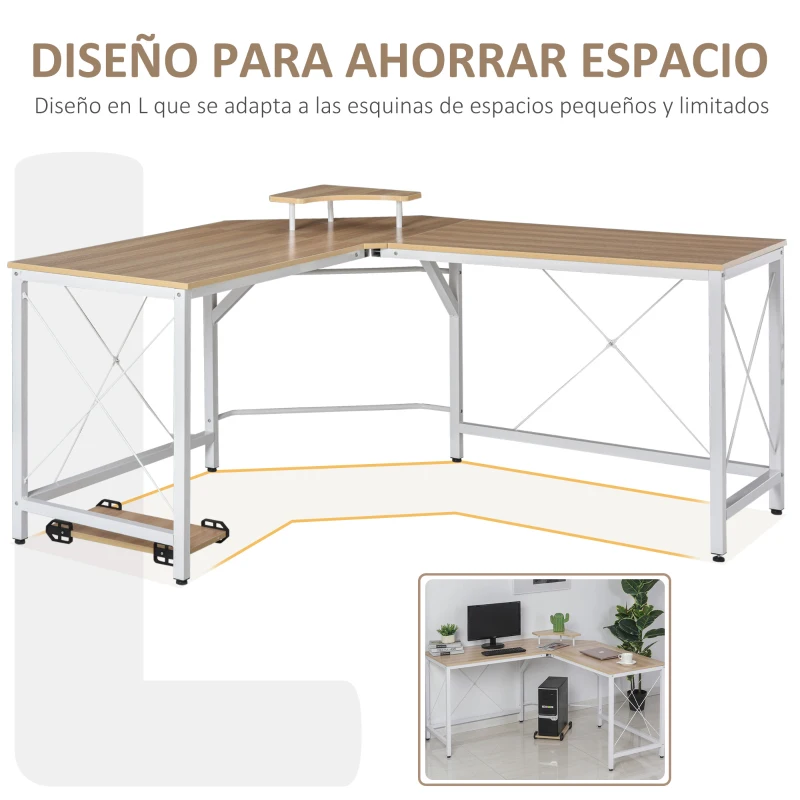 HOMCOM Mesa de Escritorio en Forma de L con Soporte de Monitor Estante y Estructura en X 150x150x76 cm Madera y Blanco