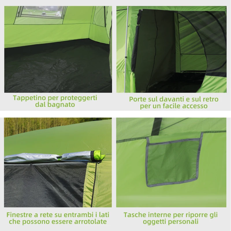 Outsunny Tenda da Campeggio a Tunnel per 4-8 Persone con 2 Stanze, Tenda Campeggio Familiare Impermeabile 3000mm con Porta, Finestre Laterali e Tasche, 405x305x225cm, Verde