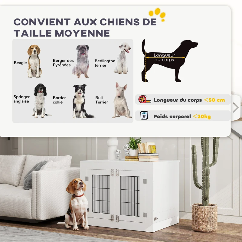 PawHut Cage pour chien intérieur caisse pour chien en bois 2 bols rotatifs à 360° 2 portes chien moyenne 80 x 60 x 63 cm blanc