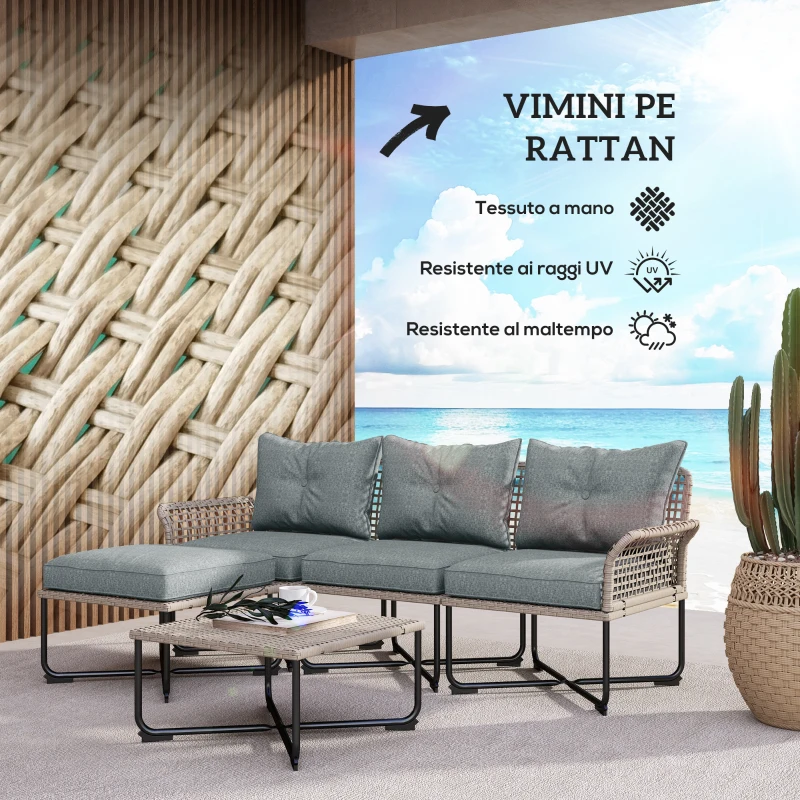 Outsunny Set da Giardino 5 Pezzi in Rattan con 2 Sedie Laterali, Sedia Centrale e 2 Sgabelli/Tavolini da Caffè